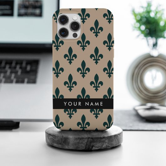 フルールドリス、ベージュにグリーン、ロイヤル、あなたの名前 iPhoneケース