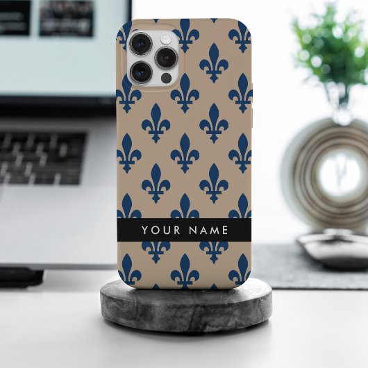 フルールドリス、ベージュにネイビーブルー、ロイヤル、あなたの名前 iPhoneケース