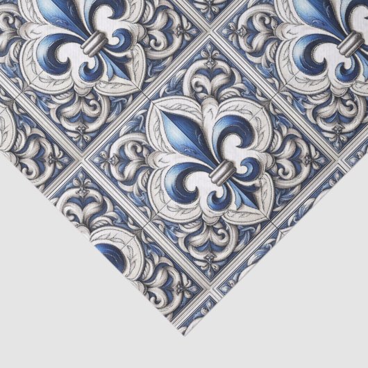 フルール・ド・リス・ブルー＆ホワイト・タイル・パターン・デコパージュ 薄葉紙 (詳細)