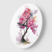 フル開花桜さくらんぼ花の木の水色 ラージ壁時計 (傾斜)