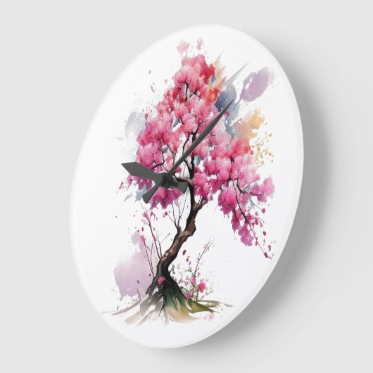 フル開花桜さくらんぼ花の木の水色 ラージ壁時計 (傾斜)