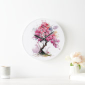 フル開花桜さくらんぼ花の木の水色 ラージ壁時計 (ホーム)