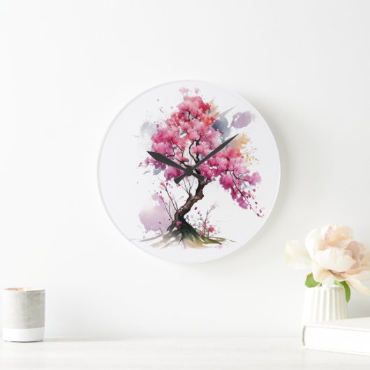 フル開花桜さくらんぼ花の木の水色 ラージ壁時計 (ホーム)