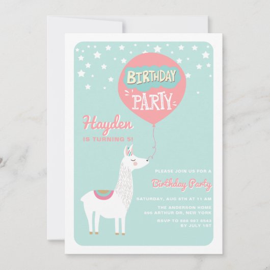 フレスティブアルパカ子供の誕生日パーティの招待状I 招待状 (正面)