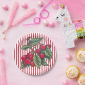 フレッシュさくらんぼレッドホワイトストライプサマーデザート ペーパープレート (パーティー)