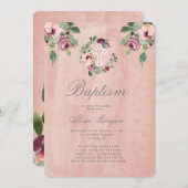 フレッシュなサーモンピンクとマーズラフラワーのエレガントな洗礼式 招待状 (正面/裏面)