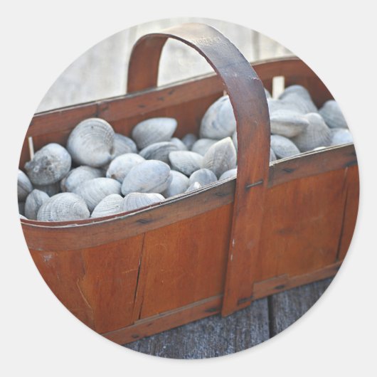 フレッシュなハマグリのヴィンテージ英語の木製バスケット ラウンドシール (正面)
