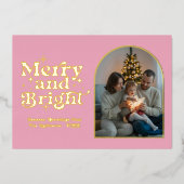 フレッシュなピンクとゴールドのモダンなレトロクリスマスの写真 箔シーズンカード (正面)
