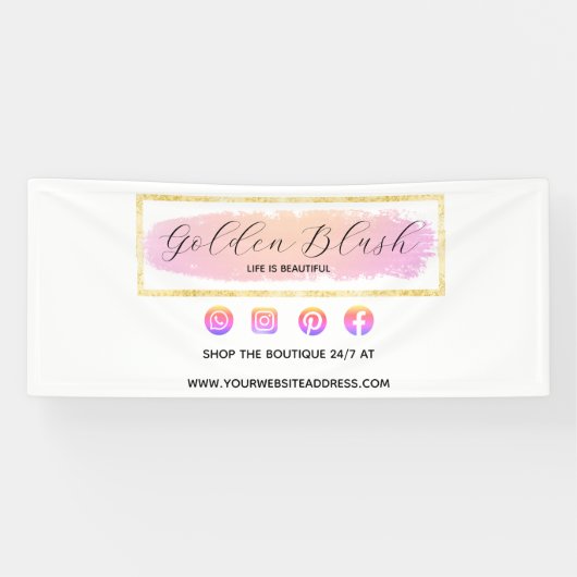 フレッシュなピンクの水彩とモダンゴールドの幾何学的なエレガントスタイル 横断幕 (横)