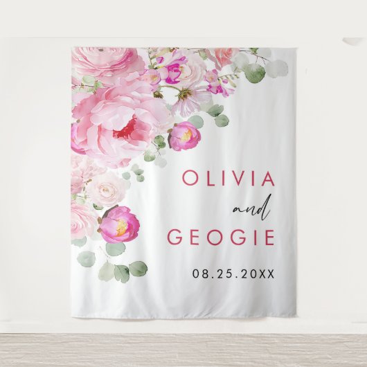 フレッシュなピンクの水彩花ペオニーのウェディング タペストリー (正面)