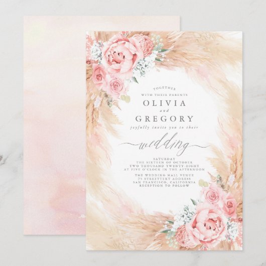 フレッシュなピンクの花とパンパスグラスのウェディングリース 招待状 (正面/裏面)