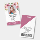 フレッシュなピンクの花柄 社員写真 ロゴ バーコード バッジ (正面＆裏面)