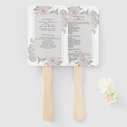 フレッシュなピンク グレイ ローズ フローラル ウォーターカラー プログラム ハンドファン (正面&裏面)