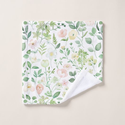 フレッシュなブラッシュピンクとセイジグリーンの花と緑の水彩 バスタオルセット (ウォッシュタオル)