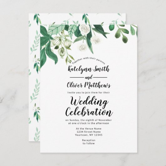 フレッシュな葉ボタニカルトップ縁どトレンディー結婚ズ インビテーションポストカード (正面/裏面)