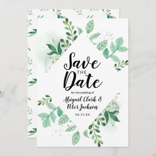 フレッシュな葉ボタニカルミントダイヤモンドフレームシック セーブザデート (正面/裏面)