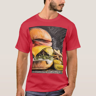 フレッシュな野菜のフライドポテトとジューシーなチーズバーガーを堪能しよう Tシャツ