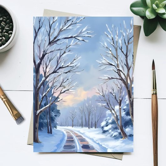 フレッシュな雪｜冬の道の水彩画風景 ポストカード
