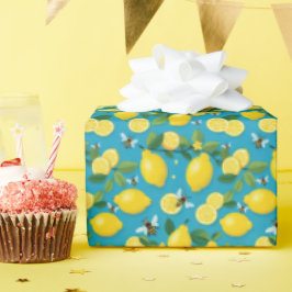 フレッシュな黄色のレモンと忙しい蜂のターコイズブルー ラッピングペーパー