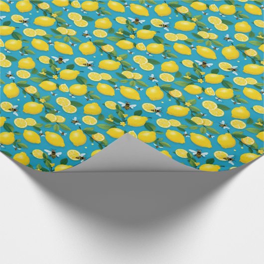 フレッシュな黄色のレモンと忙しい蜂のターコイズブルー ラッピングペーパー (角)