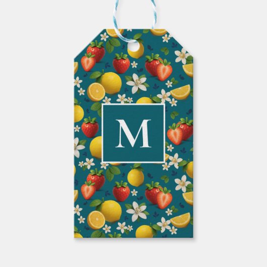フレッシュイチゴとレモンのパターン ブルー ギフトタグ (正面)