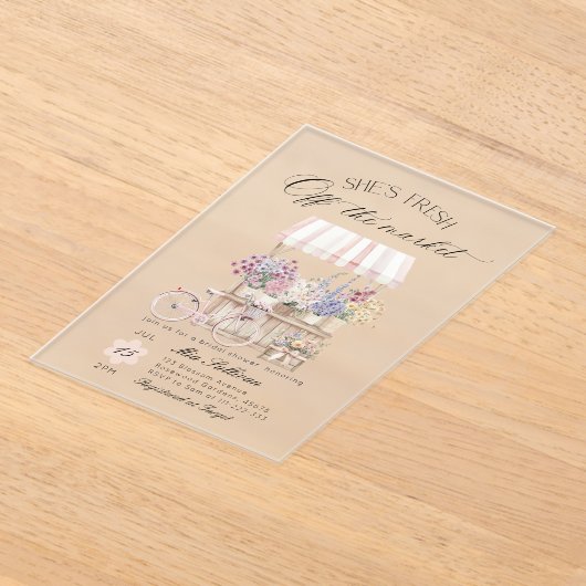 フレッシュオフザマーケットフラワーカートブライダルシャワー アクリル招待状 (レイダウン)