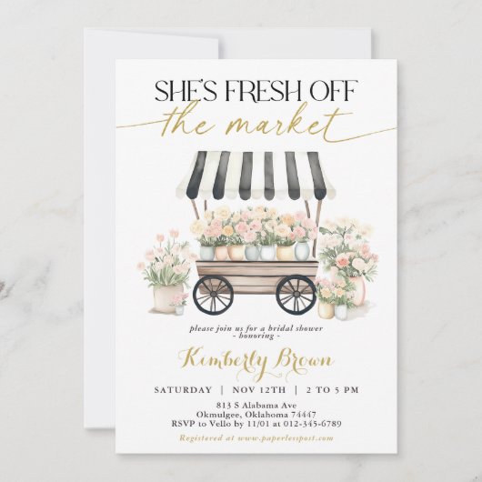 フレッシュオフザマーケット白黒ブライダルシャワー 招待状 (正面)
