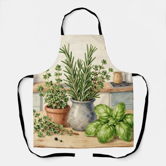 フレッシュキッチンハーブの水彩画 エプロン (正面)