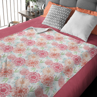 フレッシュグリーンコーラルレッドブルーオレンジレトロフローラアート フリースブランケット