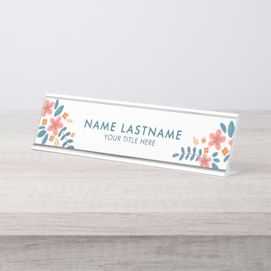 フレッシュスタイリッシュフェミニンピンクオレンジブルーフローラ デスクネームプレート (正面)