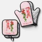 フレッシュストロベリードリンクオーブンミット&ポットホルダーセット 鍋つかみ&鍋敷きセット (正面/裏面)