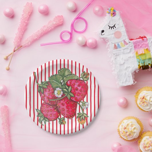 フレッシュストロベリーレッドホワイトストライプサマーデザート ペーパープレート (パーティー)