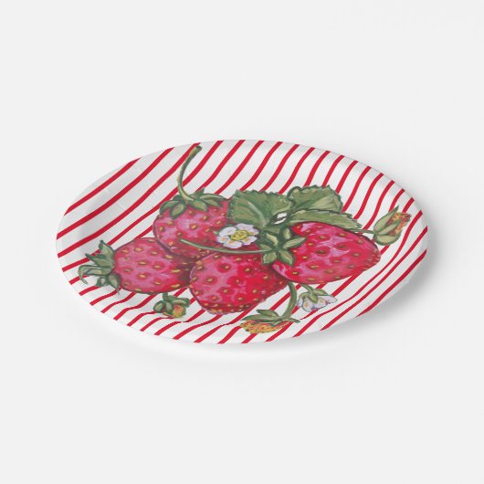 フレッシュストロベリーレッドホワイトストライプサマーデザート ペーパープレート (アングル)