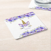 フレッシュバイオレットユニコーン誕生日装飾 スクエアペーパーコースター (アングル)