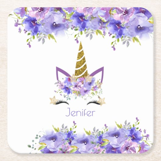 フレッシュバイオレットユニコーン誕生日装飾 スクエアペーパーコースター (正面)