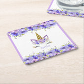 フレッシュバイオレットユニコーン誕生日装飾 スクエアペーパーコースター (アングル)