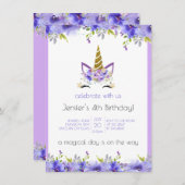 フレッシュバイオレット |ユニコーン誕生日パーティーデコール 招待状 (正面/裏面)