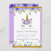 フレッシュバイオレット |飾り付き金ゴールドユニコーン誕生日パーティー 招待状 (正面/裏面)