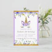 フレッシュバイオレット |飾り付き金ゴールドユニコーン誕生日パーティー 招待状 (スタンド正面)