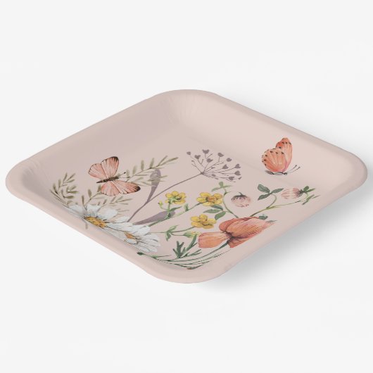 フレッシュピンクのピーチの花の野の花のスクエア ペーパープレート (傾斜あり)