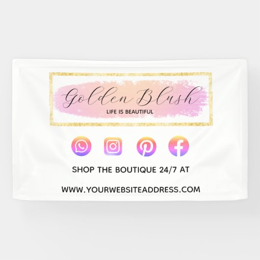 フレッシュピンクの水彩とモダンゴールドの幾何学的なおしゃれ 横断幕 (横)