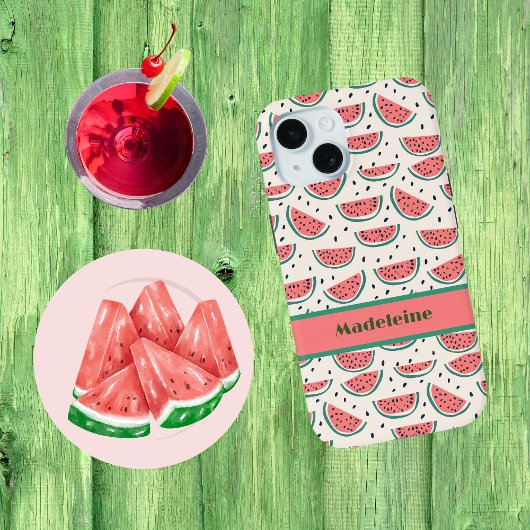 フレッシュピンクグリーンスイカ柄クリームモノグラム Case-Mate iPhoneケース