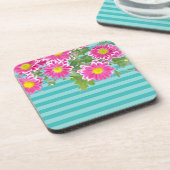 フレッシュピンクデイジー花オンターコイズストライプズ コースター (左側)