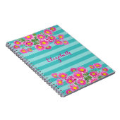 フレッシュピンクデイジー花オンターコイズストライプズ ノートブック (右側)