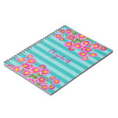 フレッシュピンクデイジー花オンターコイズストライプズ ノートブック (左側)