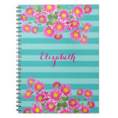 フレッシュピンクデイジー花オンターコイズストライプズ ノートブック (正面)