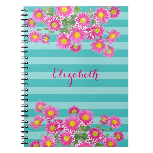 フレッシュピンクデイジー花オンターコイズストライプズ ノートブック (正面)