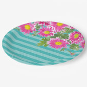 フレッシュピンクデイジー花オンターコイズストライプズ ペーパープレート (アングル)