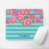 フレッシュピンクデイジー花オンターコイズストライプズ マウスパッド (マウス)