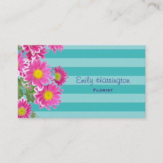 フレッシュピンクデイジー花オンターコイズストライプズ 名刺 (正面)